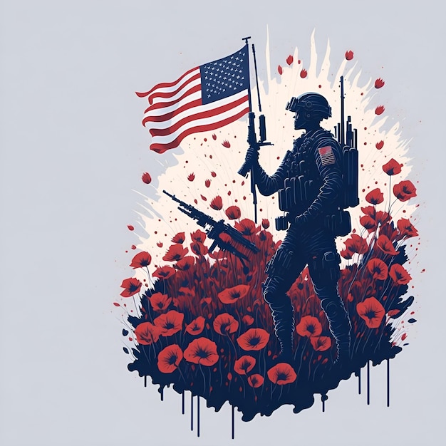 アメリカの国旗を掲げた兵士の絵。