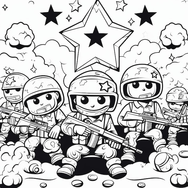 a drawing of soldiers with a star in the background.