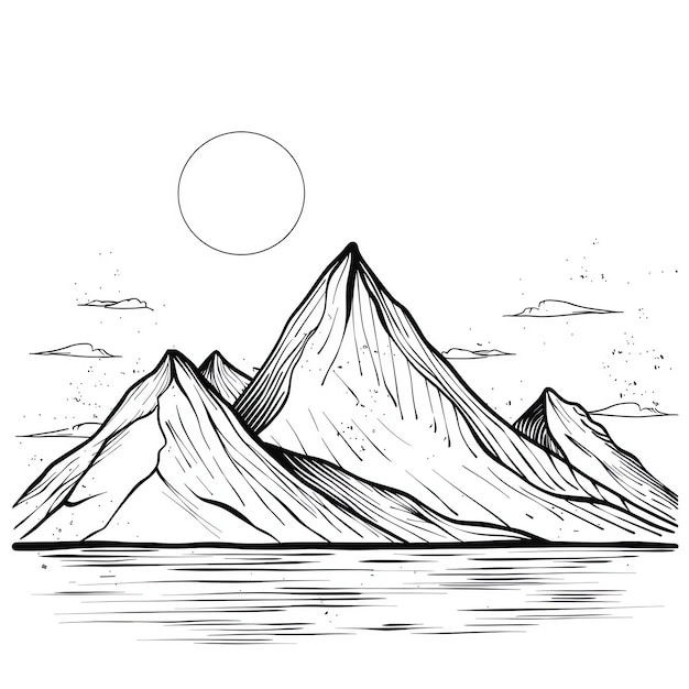 태양과 태양을 배경으로 한 몇 개의 산의 그림