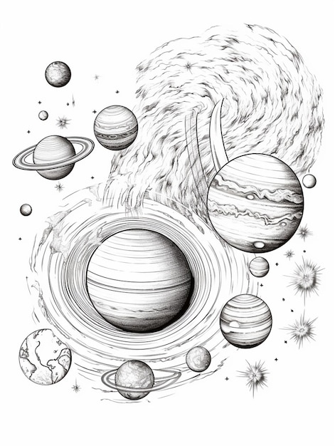 Photo a drawing of a space scene with planets and a spiral generative ai