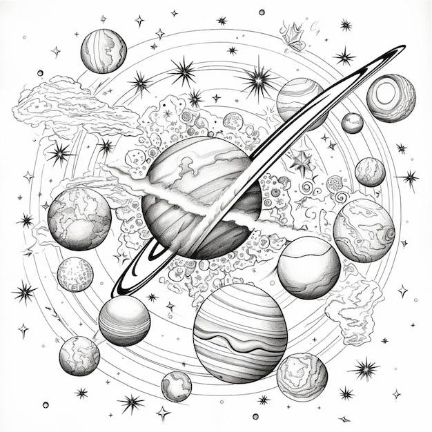 Photo a drawing of a space scene with planets and stars generative ai