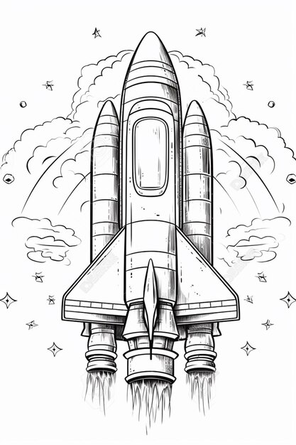 Photo a drawing of a space shuttle flying through the sky generative ai