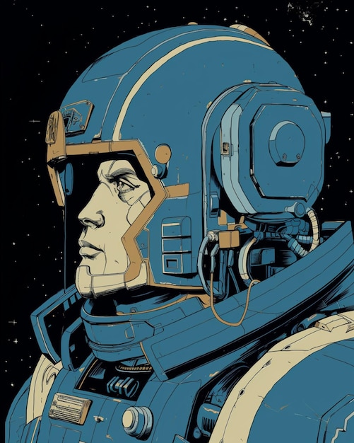 A drawing of a space suit with a blue helmet and the word space on it.