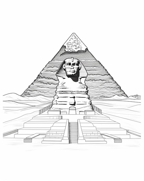 a drawing of a sphinx and pyramid with a sky background generative ai