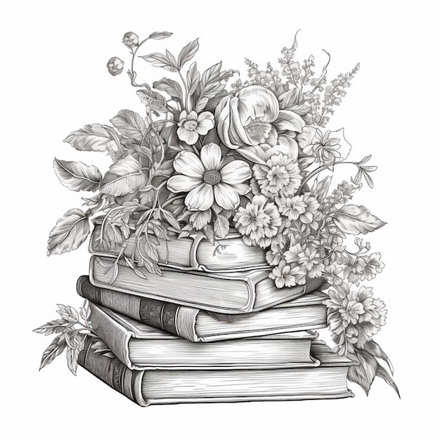 a drawing of a stack of books with flowers on top generative ai