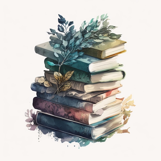 Photo drawing of a stack of books with flowers watercolor white background generative ai