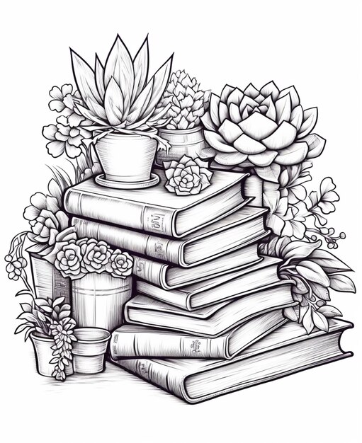 A drawing of a stack of books with a potted plant on top generative ai