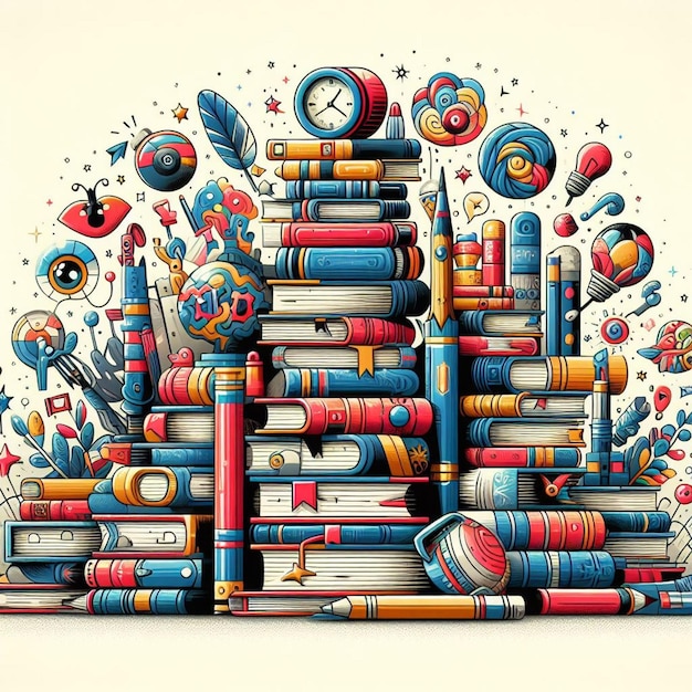 a drawing of a stack of books with the word world on it