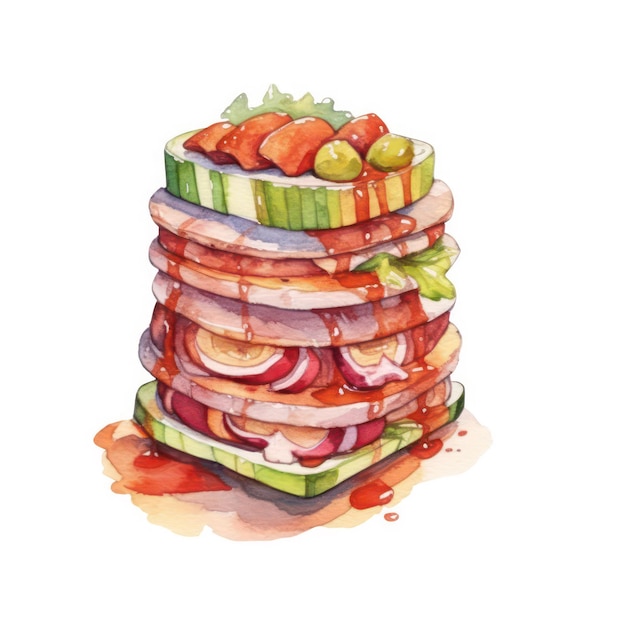 a drawing of a stack of food with apples and cucumber.