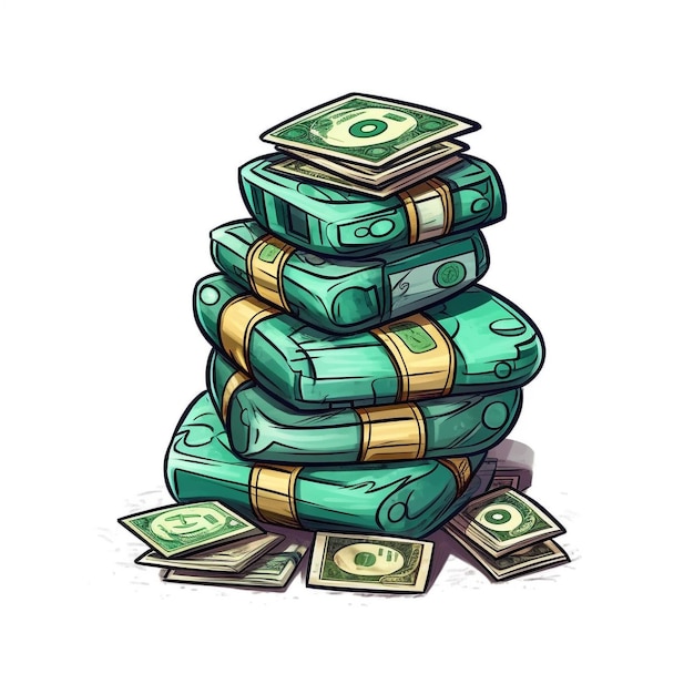 Photo a drawing of a stack of green money with gold coins