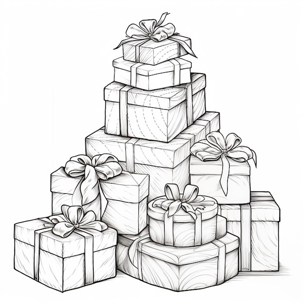 a drawing of a stack of presents with bows and bows generative ai