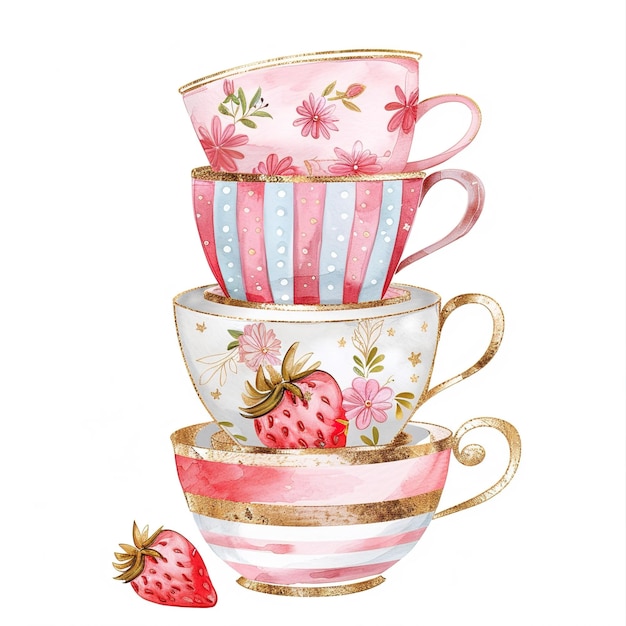 a drawing of a stack of teacups with strawberries on them