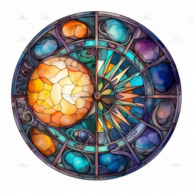 A drawing of a stained glass window with a sun and moon generative ai