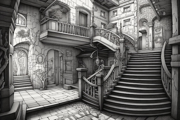 A drawing of a staircase with a sign that says'the word'on it '