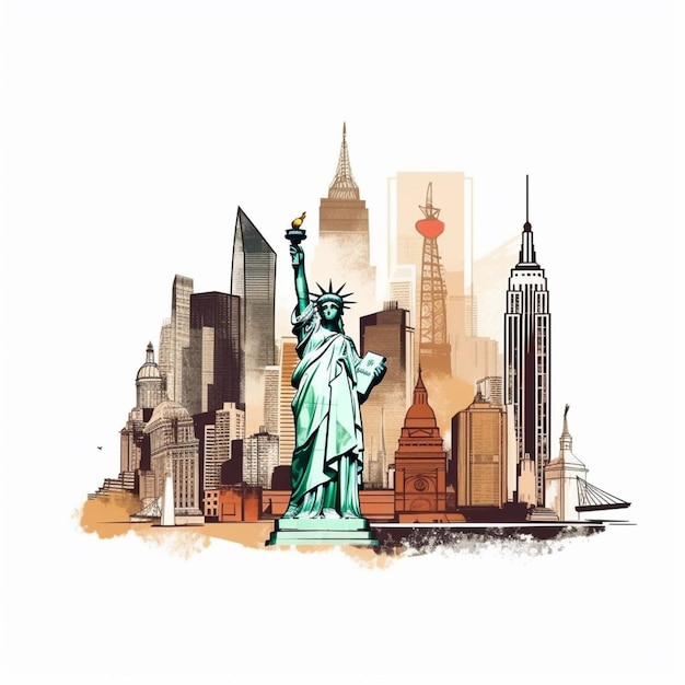 A drawing of the statue of liberty in front of a city skyline.