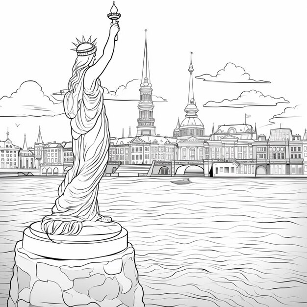 Photo a drawing of a statue of liberty on a pedestal in front of a city generative ai