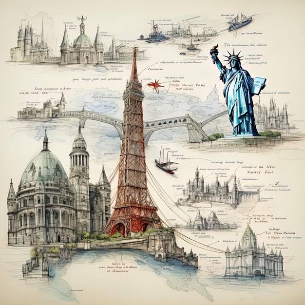 Photo a drawing of the statue of liberty and the world