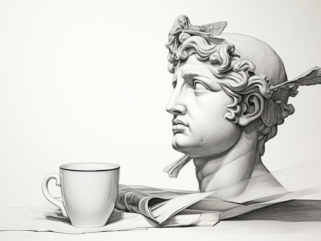 A drawing of a statue with a cup of coffee Digital image Surreal composition Black and white