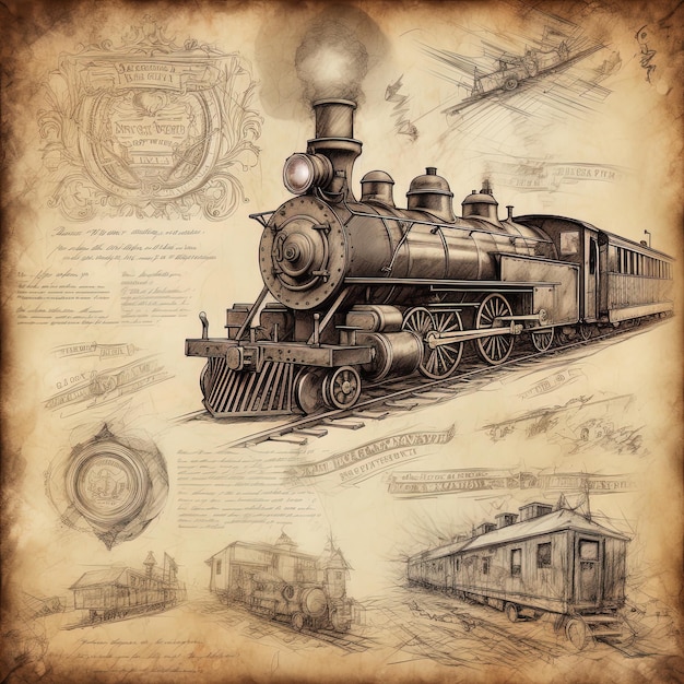 Foto un disegno di una locomotiva a vapore con un treno in cima.