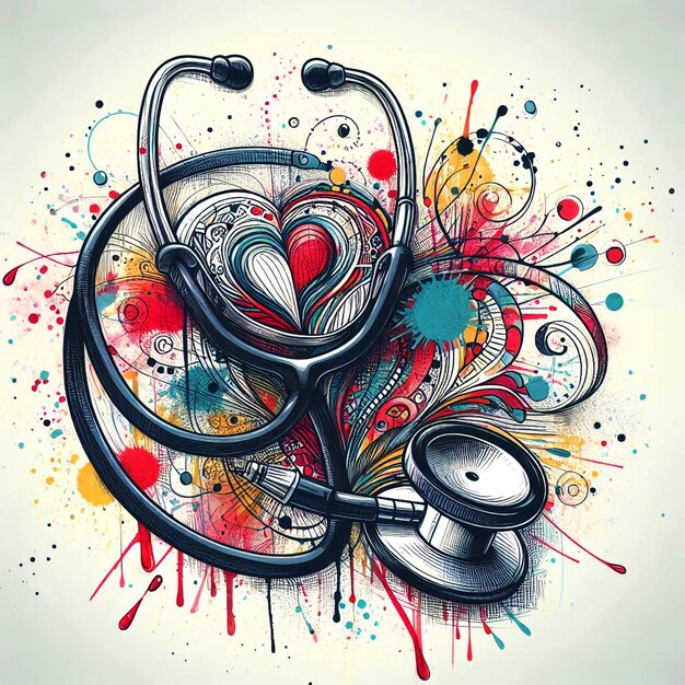 A drawing of a stethoscope with a splattered background