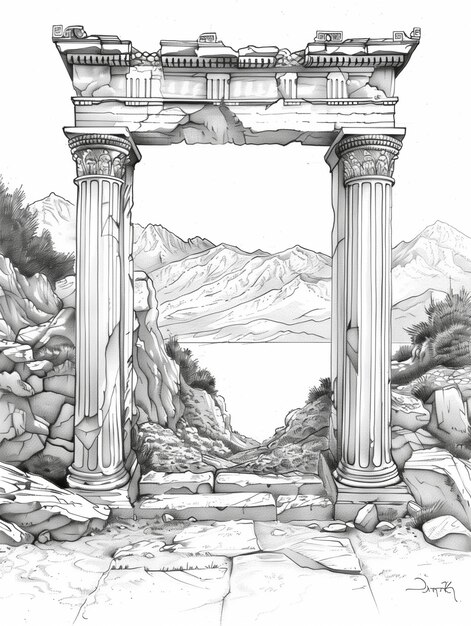 a drawing of a stone arch with a view of a lake generative ai