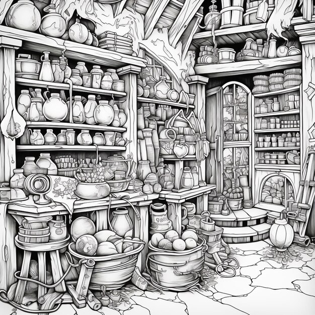 drawing of a store with a lot of items on shelves generative ai