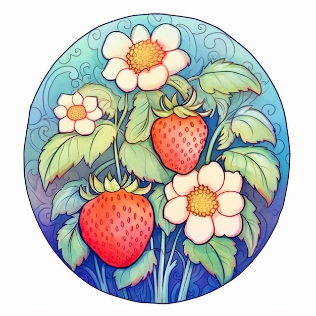 A drawing of strawberries with flowers on them.