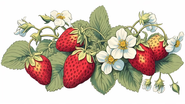 A drawing of strawberries with white flowers and leaves.