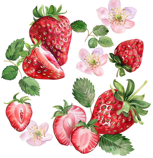 a drawing of a strawberry with flowers and leaves