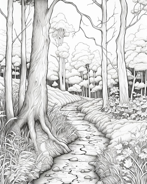 a drawing of a stream in a forest with trees and grass generative ai