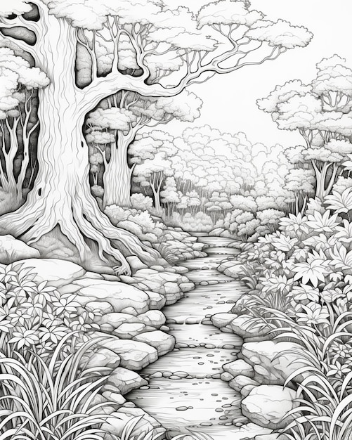 a drawing of a stream in a forest with trees and rocks generative ai