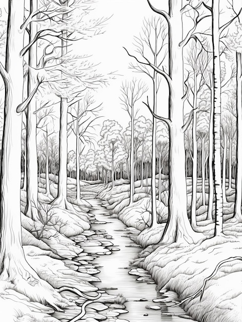 a drawing of a stream running through a forest with trees generative ai