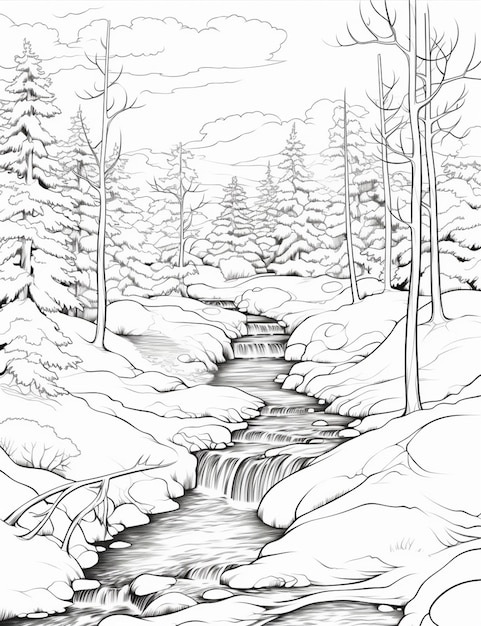 A drawing of a stream in a snowy forest with trees generative ai