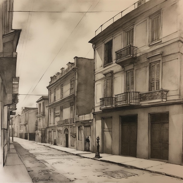 Drawing of a street scene with a person walking down the street generative ai