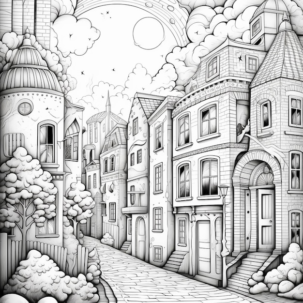 A drawing of a street with a castle and a clock tower generative ai