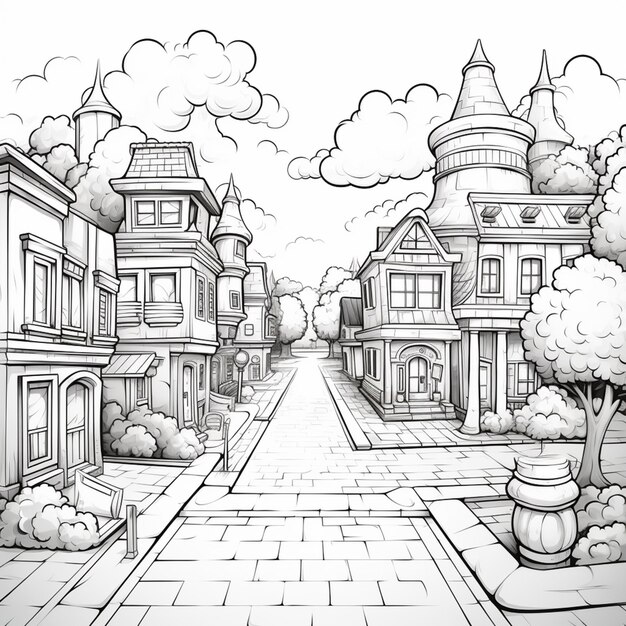 Photo a drawing of a street with a castle and a tree generative ai