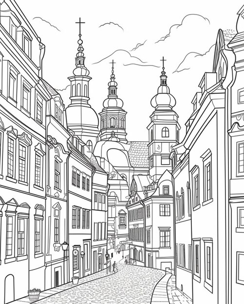 a drawing of a street with a church and a person walking down it generativ ai