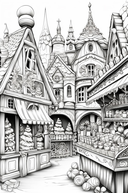 Photo a drawing of a street with a market and a castle generative ai