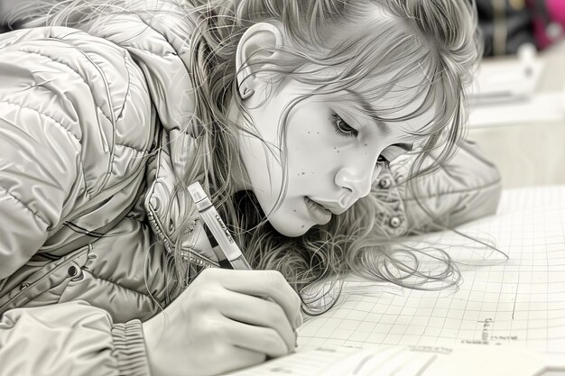 Photo drawing of a student girl writing continuous line