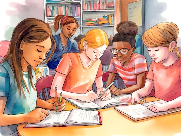 A drawing of students studying in a classroom
