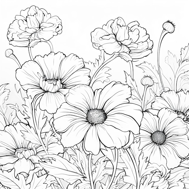 Drawing Style detailed Flowers Design Line art design on white background created with Generative AI