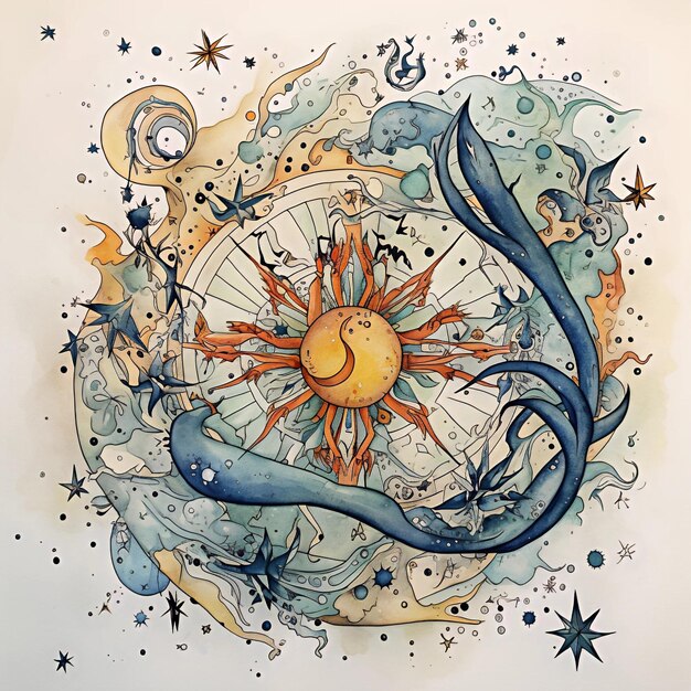 A drawing of a sun and the moon with the sun in the middle.