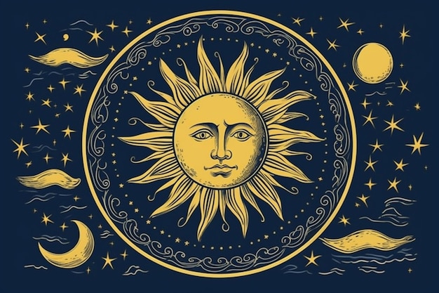 A drawing of a sun with a face on it