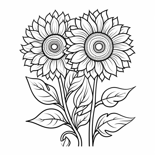 a drawing of a sunflower with leaves and a flower generative ai