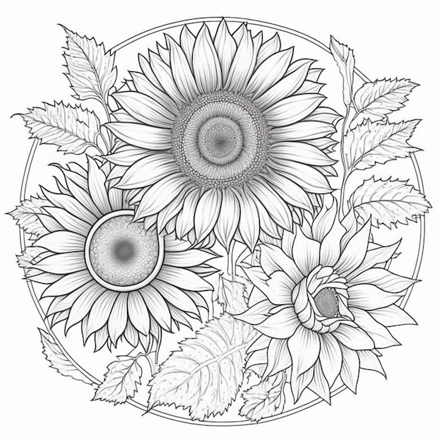 Photo a drawing of sunflowers and leaves in a circle generative ai