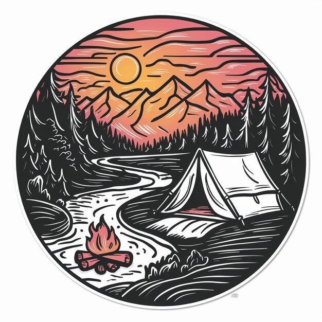 a drawing of a sunset with a mountain and a campfire