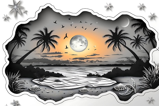 a drawing of a sunset with palm trees and the moon in the background