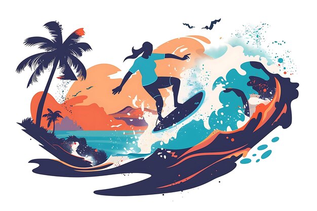 Photo a drawing of a surfer riding a wave with palm trees in the background