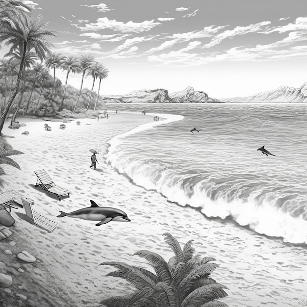 a drawing of surfers on a beach with palm trees in the background.