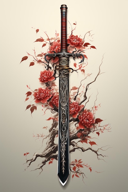 Photo a drawing of a sword with a red flowers on it